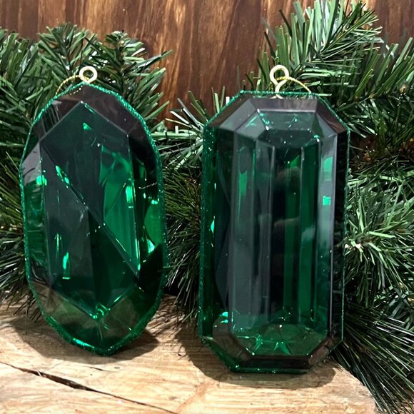 Set of 2, Gem Emerald Cut Ornaments, 5 Inch, Oblong and Rectangle Shape, Jewels - Picture 3 of 17